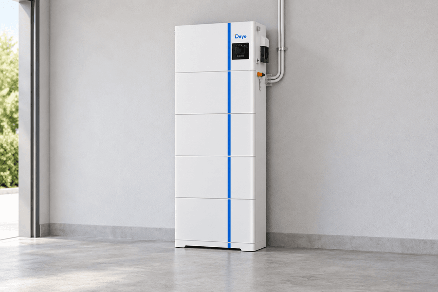 Illustration of a Deye all-in-one inverter and battery stack installed against a garage wall