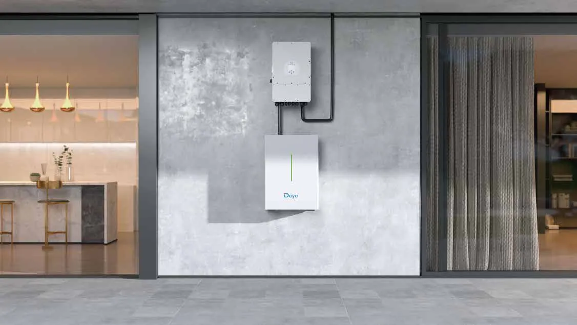 A Deye hybrid inverter and one wall-mounted Deye battery on a feature wall (Deye render)